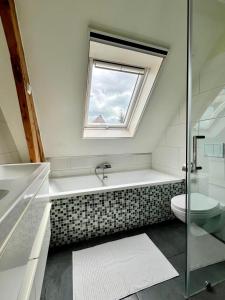 a bathroom with a toilet and a window at Meadowview Unique private apartment near city centre in Amsterdam
