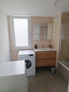 a small bathroom with a washing machine and a sink at Chambre zen in Voiron
