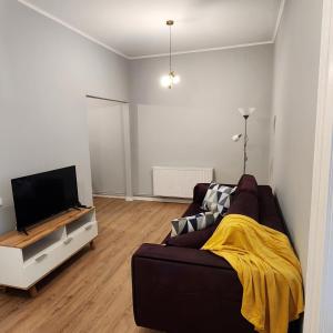a living room with a couch and a tv at City Center apartment -A in Cluj-Napoca
