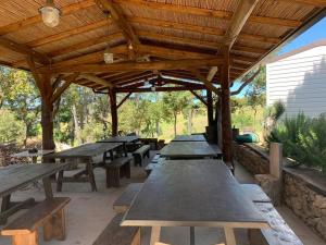 a row of picnic tables under a wooden roof at B&B Helga's Agricampeggio in Seùlo