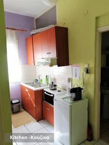 La cuisine est équipée d'une cuisinière blanche et d'un réfrigérateur. dans l'établissement Efi Studio 3 Lamia, à Lamía