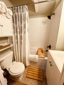 Pet Friendly 2 BR House in Southwest Harbor! [Hillside Cottage] في ساوثويست هاربور: حمام مع مرحاض وحوض استحمام ومغسلة