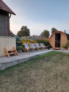 a group of lounge chairs sitting on a patio at Świerkowy Zakątek in Orzysz