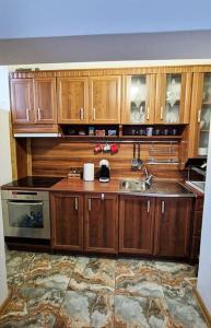 a kitchen with wooden cabinets and a sink at ViPo Vista Veliko Tarnovo in Veliko Tŭrnovo