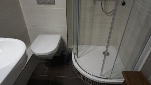 a bathroom with a toilet and a shower at Kiteblick in Büsum +12 photos