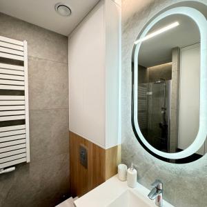 a bathroom with a sink and a mirror at Apartament Przytulny in Zamość