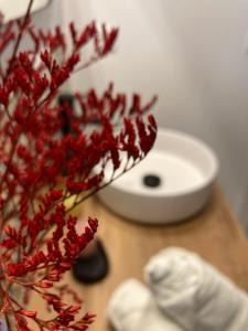 a vase with red flowers on a table next to a sink at Apartamentos Abadía. in Corella