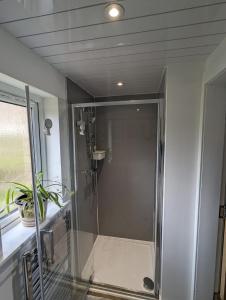 een douche met een glazen deur in de badkamer bij En-suite double room with private entrance in Edinburgh