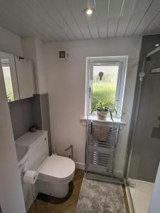een kleine badkamer met een toilet en een raam bij En-suite double room with private entrance in Edinburgh