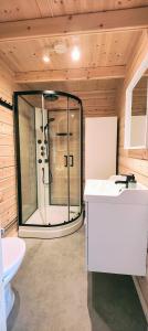 a bathroom with a shower and a toilet in a room at Tiny houses Liv & Lea in Listerby