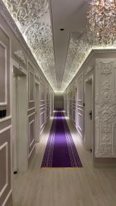 海米斯穆謝特的住宿－فندق منيف بن طالب，一条带紫色地毯和天花板的走廊
