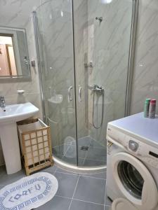 a bathroom with a shower and a washing machine at Aurora appartment in Tirana
