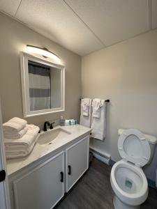 La salle de bains est pourvue de toilettes, d'un lavabo et d'un miroir. dans l'établissement Green Harbor Hotel, à Marshfield