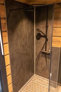a shower with a glass door in a bathroom at Jutulhytta 