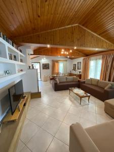 duży salon z kanapami i telewizorem w obiekcie Skiathos Island Villas w mieście Skiatos