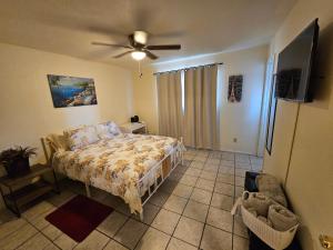 1 dormitorio con 1 cama y ventilador de techo en Chandler Charming Home en Chandler