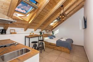 1 dormitorio con 1 cama y cocina con fregadero en House Feral (Vis center) en Vis