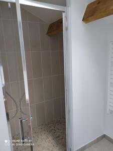 eine Dusche mit Glastür im Bad in der Unterkunft Le Cottage in Donnery