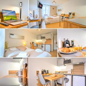 un collage de fotos de una habitación de hotel en Le Déroc - Netflix Wi-Fi Fibre Terrasse en Banassac