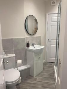 a bathroom with a toilet and a sink and a mirror at The Retreats 2 Kenfig Hill Pet Friendly 2 Bedroom Flat with King Size bed twin beds and sofa bed sleeps up to 5 people in Kenfig Hill
