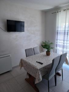 a dining room table with chairs and a plant on it at Studio apartman Marija in Trogir