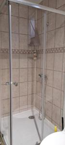 a shower with a glass door in a bathroom at Departamentos Kitkaika in Punta Arenas