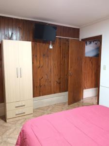 1 dormitorio con 1 cama y TV en la pared en casa a una cuadra del centrode ushuaia en Ushuaia