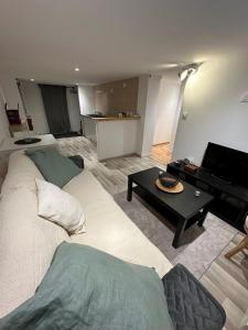 ein Wohnzimmer mit einem Bett und einem Tisch in der Unterkunft Appartement T2 à 13 km de Paris in Morangis