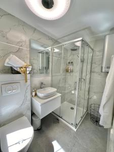 a bathroom with a shower and a toilet and a sink at Diocletian Wine studio apartment in Split