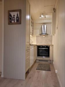 La cuisine est équipée de placards blancs et d'un four avec plaques de cuisson. dans l'établissement Riverside apartment in Skien, à Skien