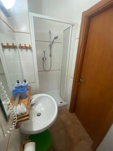 baño blanco con ducha y lavamanos en Da Nonna Gina, en Pescasseroli
