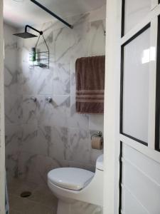 La salle de bains est pourvue d'une douche et de toilettes. dans l'établissement Casa de campo Amapolas, à Treinta