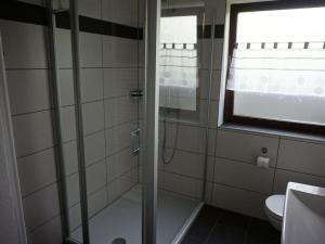 a bathroom with a shower and a toilet and a window at Holiday apartment Brandl Haus 92 in Arrach +15 photos