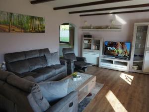 a living room with a couch and a tv at Holiday apartment Brandl Haus 92 in Arrach