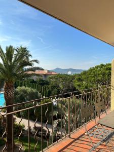 een balkon met uitzicht op een palmboom bij Appartement dans résidence avec piscine in Saint-Tropez