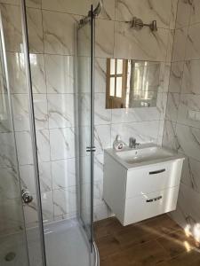 a bathroom with a shower and a sink at Wynajem Pokoi gościnnych Jaś i Małgosia in Zakopane