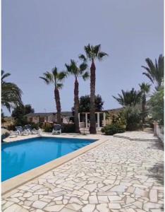 a swimming pool with palm trees and a house at Alojamiento PlayaArco in Los Escullos