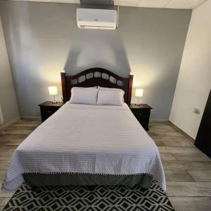 um quarto com uma cama com 2 mesas de cabeceira e 2 candeeiros em Apartamento Alicia em Comayagua
