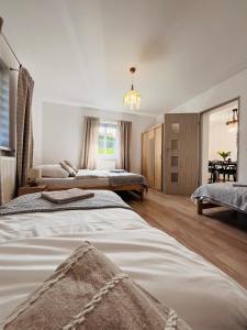 a hotel room with two beds and a mirror at Bieszczadzkie Wyra in Ustrzyki Dolne