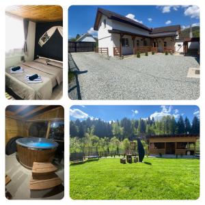 a collage of four pictures of a house at Cabana La Batranu in Borşa