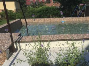 a swimming pool in a garden with purple flowers at Mimi Apartment in Nyíregyháza