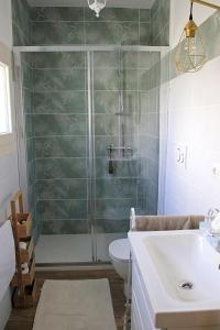 een badkamer met een douche, een toilet en een wastafel bij NiFe Tiny House - Secret Garden in Montalbo