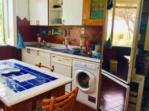 a kitchen with a washing machine and a table at Villa Rachele in Procida