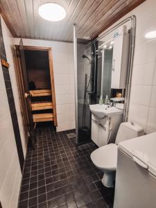 庫薩莫的住宿－Talvijärven Helmi，浴室配有卫生间、盥洗盆和淋浴。