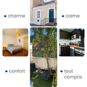 un collage de cuatro fotos de una casa en La Jeannette - séjour premium tout inclus dans une maison proche gare-centre avec lit 160 Emma, terrasse, parking et plus en Châteauroux
