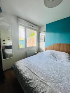 ein Schlafzimmer mit einem großen Bett und zwei Fenstern in der Unterkunft Key Home Leman -T2 cosy-portes de Genève-jardin in Étrembières