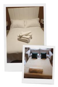 two pictures of a bed with towels on it at Bahia Blanca Estudio con Estacionamiento in Bahía Blanca +8 photos