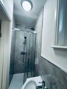 La salle de bains est pourvue d'une douche et d'un lavabo. dans l'établissement Gladstone House, à Bournemouth
