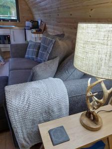una sala de estar con sofá y una lámpara en una mesa. en Silver Birch Bothy, en Spean Bridge