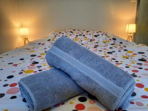 a pile of towels sitting on top of a bed at Le créateur - Au coeur de la Ville Haute in Pornic